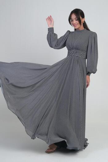 By Saygı Women's Front Draped Spotted Long Chiffon Dress