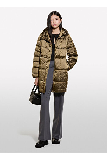 Sisley Women's Khaki Hooded Waist Drawstring Hidden Zipper Closure Coat