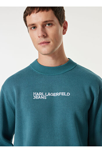 Karl Lagerfeld Jeans Bisiklet Yaka Normal Baskılı Mavi Erkek Kazak 241D2000_KLJ LOGO SWEATER