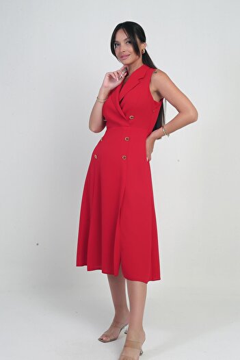 By Saygı Women's Double Breasted Collar Lined Double Slit Button Detailed Midi Crepe Dress