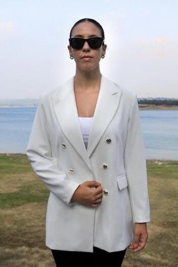 Ashley //Large Size Long Gold Buttoned Ecru Blazer Jacket