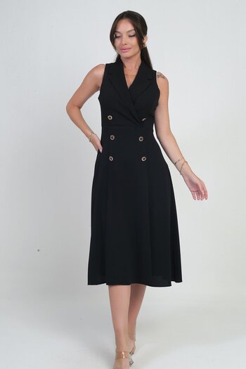 By Saygı Women's Double Breasted Collar Lined Double Slit Button Detailed Midi Crepe Dress