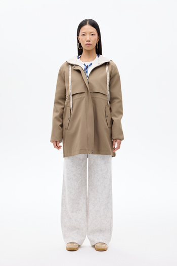 Quzu Hooded Zippered Trench Coat Khaki