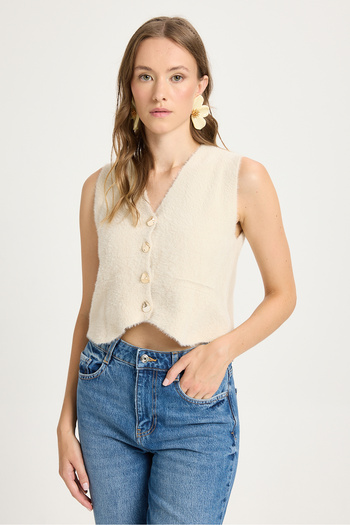 minaaise Women's Stone Knitwear Vest Gold Button Detailed Soft Textured 2541