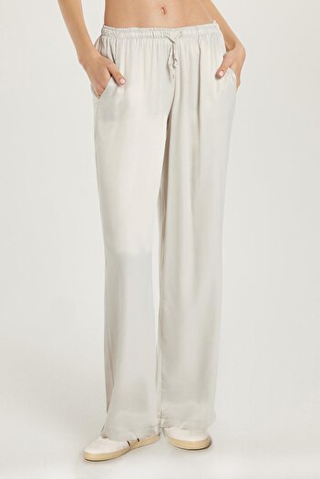 Tudors Women's Regular Fit Elastic Waist Tie Satin Palazzo Wide Leg Gray Trousers