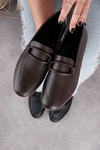 Lal Shoes & Bags Lucina Women's Genuine Leather Slip-On Ballerina Shoes with String Detail - Brown