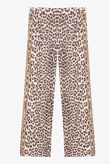 Quzu Leopard Print Striped Wide Leg Pants Brown