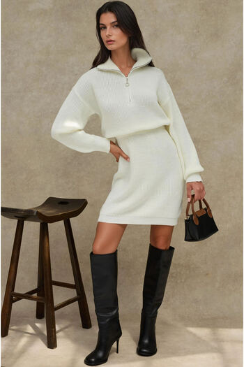 Hiccup Ribbed Mini Knitwear Dress with Zipper Neckline Fitting Waist