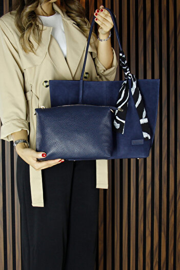 Erkan Saçmacı Navy Blue Genuine Cowhide Suede Magnetic Closure Large Size Daily Shoulder Bag and Handbag with Strap