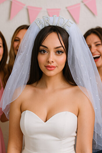 TAKIŞTIR White Color Bride Written Veil Detailed Bridal Crown
