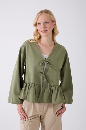 fumel Khaki Ruffled Kimono with Front Bag