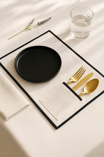 Mirilliahome 6-Piece White Linen American Service Set with Black Trim |   Stylish Placemat with Pocket Detail