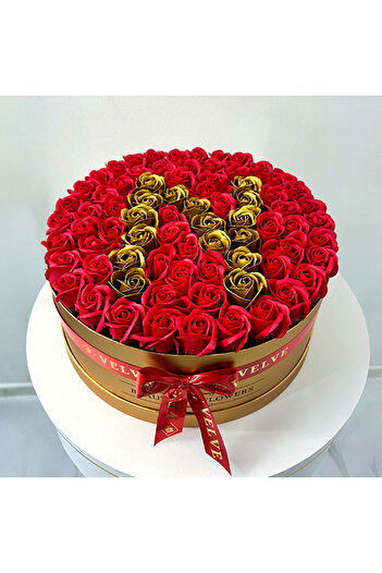 velve Personalized floral arrangement with the letter N, in a round gold box with 55 soap roses, Letter N