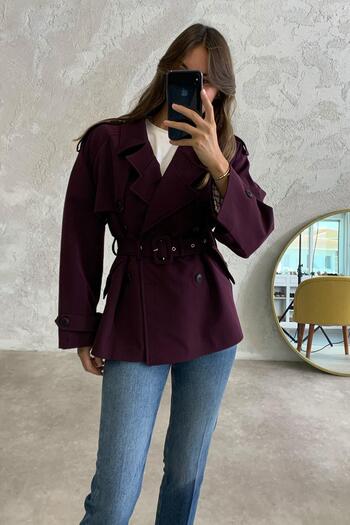 5in1Canpolat Plum Windbreaker Midi Trench Coat 9587