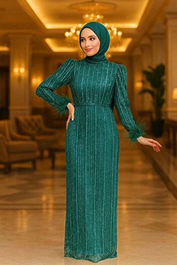 Neva Style Sequin Embroidered Green Hijab Evening Dress 23210Y