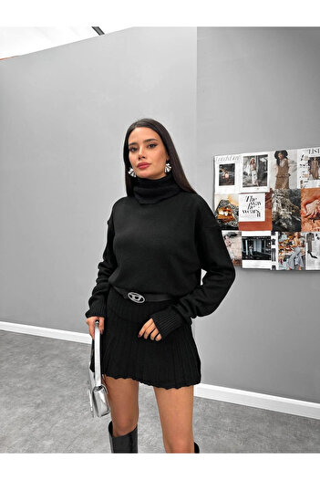 My Blog Black Pleated Skirt and High Neck Sweater Set