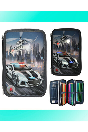 Next Plus Licensed Monster Cars 3 Compartment Pencil Case Led Police Car Fully Filled