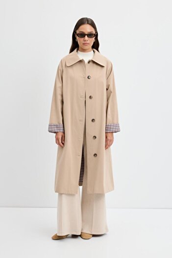 KADRİYE BAŞTÜRK Plaid Lined Belted Long Trench Coat Stone