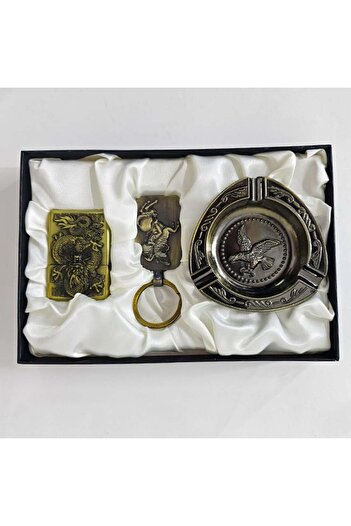 velve Gift set for men Travel Kit, ashtray, key chain and lighter made of antiqued metal, 19x13 cm