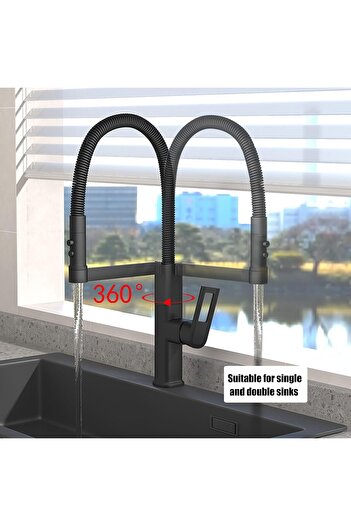 Sanlux Matt Black Kitchen Faucet, 49 cm, With Pull-out Spray and 360° Rotation, VST57