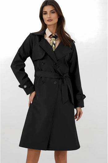 hazelin Women's Black Double Breasted Collar Belted Lined Trench Coat Hzl25W-Bd159181