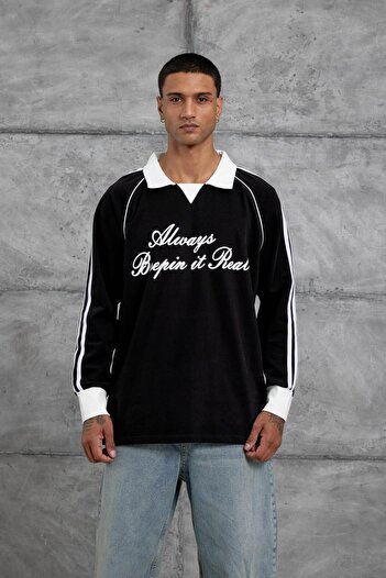 NOMARC Black Text Detailed Polo Neck Oversize Sweatshirt