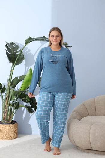 lindros Big Size Women's Pajamas - Dark Blue with Pretty Girl Print, 100% Cotton