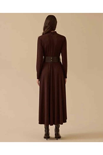 SEÇİL Women's Shoulder Gathered Belted Flared Maxi Dress - Brown