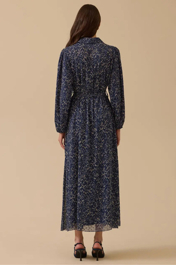 SEÇİL Women's Pleated Detailed Patterned Belted Dress - Navy Blue