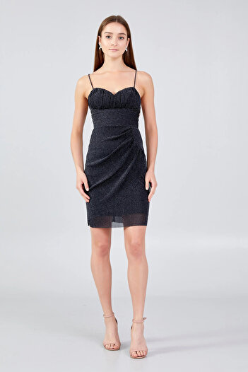 DORİDORCA Women's Rope Strap Tulle Mini Evening Dress 5077 Black