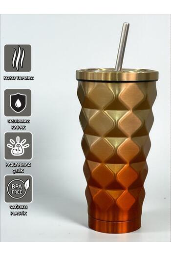 SANALTİCARETİM Cappuccino Colored Geometric Thermos with Straw 500 Ml-For Cold and Hot Drinks