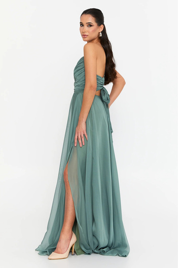 DORİDORCA Women's Backless Bow Draped V-Neck Evening Dress 6128 Çağla