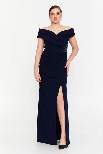 DORİDORCA Women's Deep Slit Long Evening Dress 5927010 Navy Blue