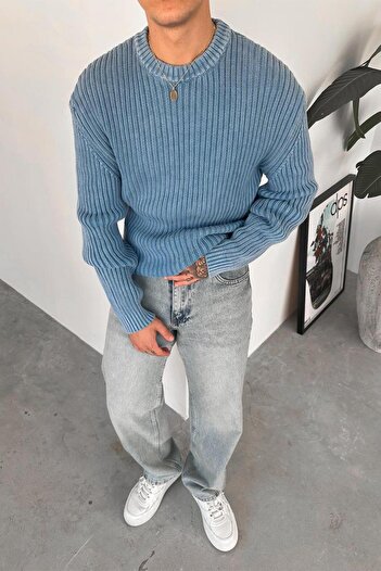 HAFKAGİYİM Πλεκτό πουλόβερ μπλε Acid Wash με κορδόνια oversize