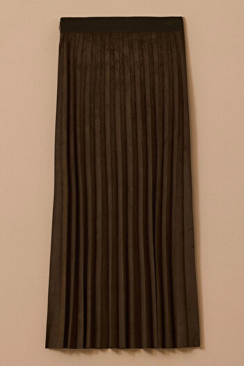 SEÇİL Women's Elastic Waist Pleated Suede Look Maxi Skirt - Khaki