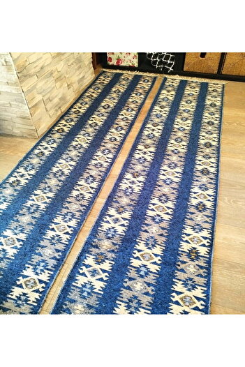 OEM 1+1 Traditional Rugs, Double-Sided, 60x300 cm, Blue and Cream, RUSTIC Model