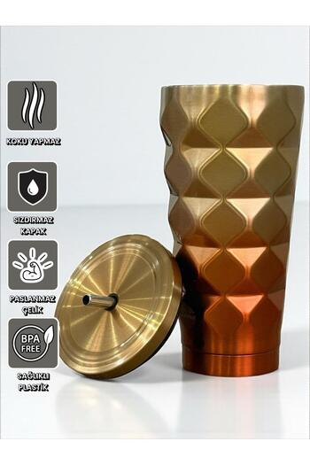 SANALTİCARETİM Cappuccino Colored Geometric Thermos with Straw 500 Ml-For Cold and Hot Drinks