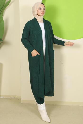 hafsamina Shawl Collar Pocketed Knitwear Cardigan Emerald Hm2534