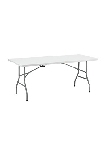 Lawazim Folding Picnic Table 180x73.5x74cm - White Fold-in-Half Plastic Trestle Table with Handle