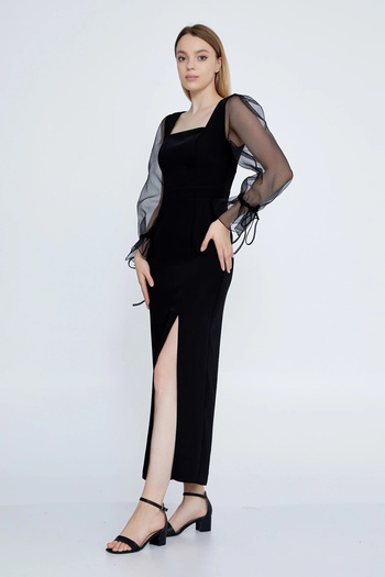 DORİDORCA Women's Square Neck Sleeves Tulle Midi Evening Dress 6039 Black
