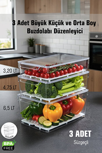 FİTHOME Frostybox Refrigerator Organizer with Strainer and Transparent Lid and Inside Cabinet Organizer 3 Pieces