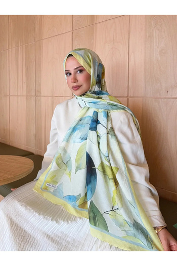 Nûda - Tarzın Değil , Tavrın Zarafeti Mira Silk Patterned Bamboo Shawl Yellow-Leaf