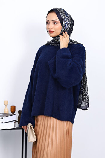 İmajButik Navy Blue Crew Neck Oversize Angora Soft Knit Sweater
