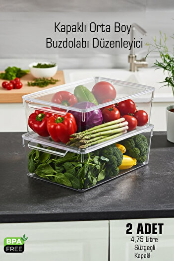 FİTHOME Frostybox Medium Size Refrigerator Organizer with Lid and Strainer and In-Cabinet Organizer 2 Pieces