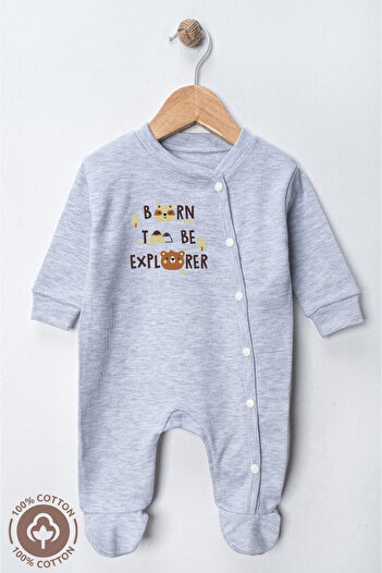 Miniel Unisex Born to Be Printed 0-6 Months Combed Organic Cotton Baby Rompers with Booties Set of 2