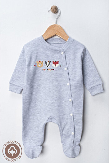 Miniel Unisex Cozy Season Printed 0-6 Months Combed Organic Cotton Baby Romper with Booties