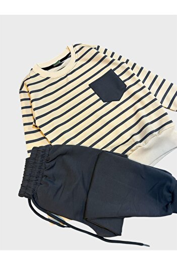 ALİŞ KİDS Boy's Cotton Cream Smoked Color Stripe Patterned Long Sleeve Tracksuit Set