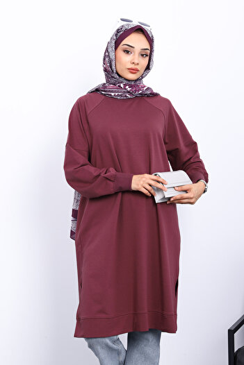 İmajButik Modal Tunic with Slits on the Plum-Colored Sides