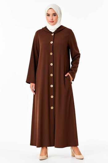 Şans Women's Plus Size Brown, Hooded, Side Pockets Front Button Long Cap 65N39146