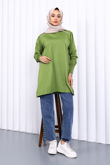 İmajButik Oil Green Shoulder Stone Cold Yarn Knitwear Tunic